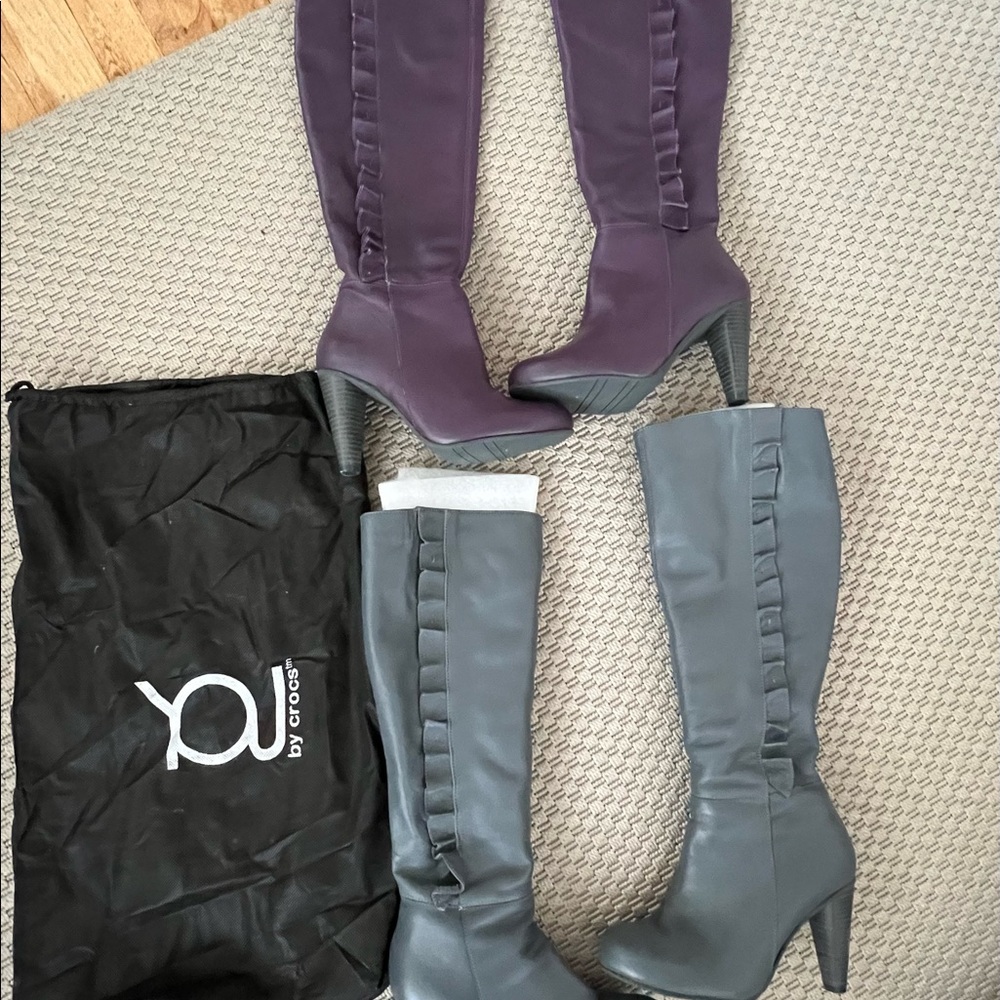 2 pair leather boots  brand You by Crocs . Size 7.5 gray and purple